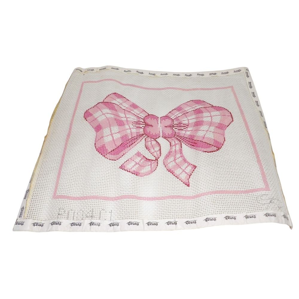 Threads Hand Painted Needlepoint Canvas Pink White Gingham Plaid Bow DIY Craft
